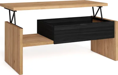 A modern coffee table with a lift-top and a black drawer.