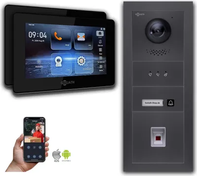 Produktbild von Goliath IP Video Türsprechanlage mit Kamera 7-Zoll Fingerprint Anzeige Anthrazit : 2 Monitore : 7 Zoll Schwarz : Unterputzdose Monitor Anzahl: 2 Monitore Monitor Farbe: 7 Zoll Schwarz Montage: Unterputzdose