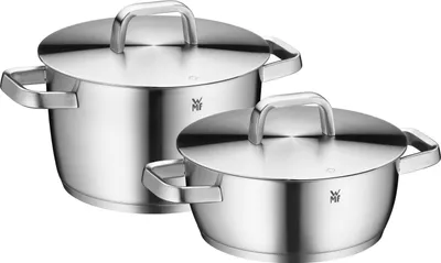 Two stainless steel pots with lids are shown against a white background.