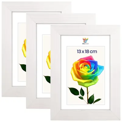 Produktbild von MG Design 3er Set Bilderrahmen 13 x 18 cm - Fotorahmen mit Weiß Echtholzrahmen und bruchsicherem Acrylglas, Hoch & Quer zum Aufhängen, zum Aufstellen