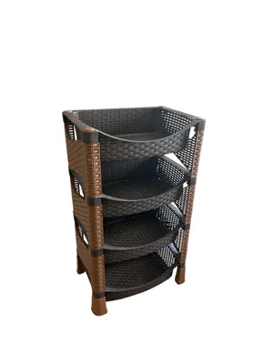 Produktbild von Gemüseregal mit 4 Etagen – Kunststoff in Rattan-Optik – Braun/Schwarz – Stapelbares Küchenregal für Gemüse, Vorräte & mehr