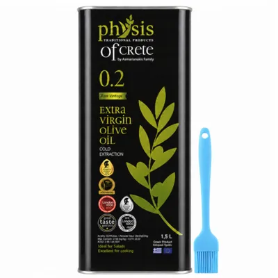 Physis of Crete 0,2 % Olivenöl 1,5L Dosenverpackung mit blauem Silikonpinsel auf weißem Grund