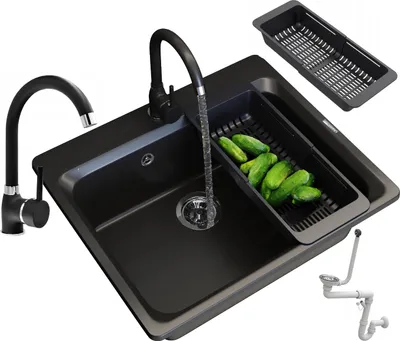 Produktbild von Granitan | Granitspüle ZANTE - Schwarz - mit Chrom-Syfon und Küchenarmatur -   Set