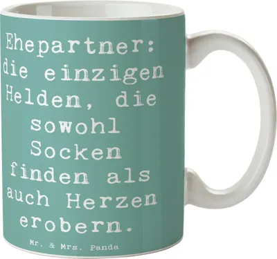 Produktbild von Mr. & Mrs. Panda Kaffeetasse Spruch Ehepartner Helden - Meeresbrise - Geschenk, Romantik, Becher, Zusammenhalt, kaffeebecher keramik, Familienleben, schöne tasse, Liebe