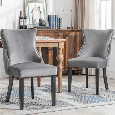 Image de okwish Lot de 2 chaises salle à manger à 4 pieds, dossier haut avec capitonnage, structure bois massif – velours gris