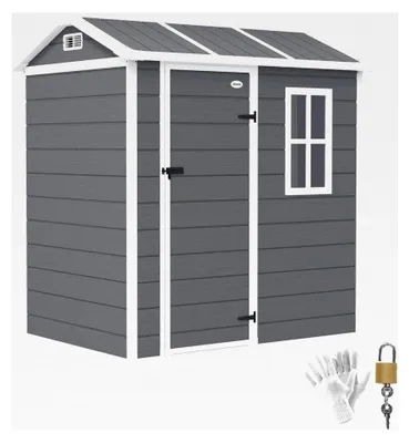 Produktbild von Gerätehaus aus Kunststoff 2,1m² 186 x 130 x 199 cm mit Satteldach, Boden, Fenster, abschließbarer Tür, wetterfest für den Garten