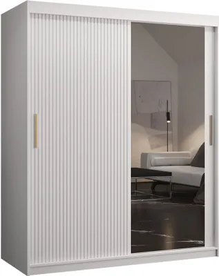 Produktbild von MIRJAN24 Kleiderschrank Riflo Slim 2 150, Schwebetürenschrank mit zwei Kleiderstangen, Garderobe mit Frontspiegel (Farbe: Weiß, Größe: 150 cm)