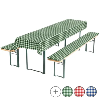 A picnic table and bench set with green and white checkered covers.