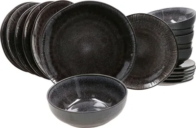 Produktbild von 18tlg. Teller Set Reactive Glaze Black 6 Pers. Steingut Teller Schale Schwarz