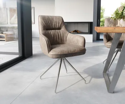 Produktbild von DELIFE Esszimmerstuhl Zelia-Flex mit Armlehnen Mikrofaser Taupe Vintage Kreuzgestell konisch Edelstahl Taschenfederkern
