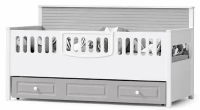 Productafbeelding van Modern kinderbed met opbergruimte en veiligheidsrek, in grijs en wit