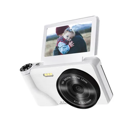 Obrázek produktu pro Digitální fotoaparát ZELURXX, 4K video, 64MP fotografie, 18x zoom, 3,0" výklopný IPS displej, 2000mAh baterie, kompaktní, na cesty, pro videozáznamy, přenosný, bílý