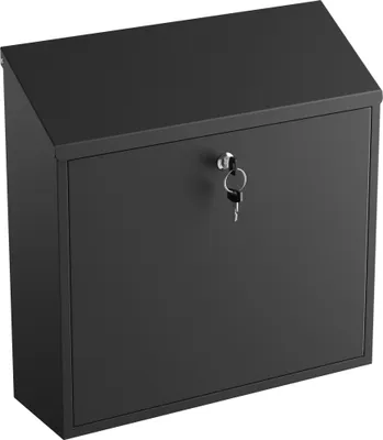 A black metal mailbox with a slanted top and a key lock on the front.