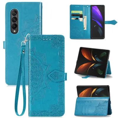 Image de Coque König Design compatible avec le Samsung Galaxy Z Fold4 5G, en simili cuir, pour téléphone portable - Étui de téléphone, couleur bleue