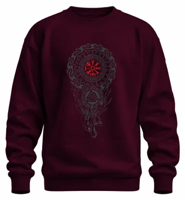 Immagine prodotto di Felpa con cappuccio, motivo Vegvisir, Fenrir, Valknut, rune nordiche, lupo, mitologia, colore bordeaux, taglia XL