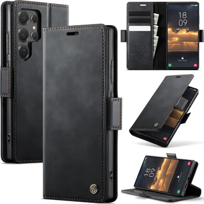 Immagine prodotto di Custodia in pelle per Samsung Galaxy S25 Ultra, protezione RFID, chiusura magnetica, slot per carte e funzione stand Nero