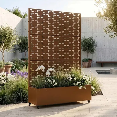 Produktbild von Trennwand ‘Aaskis’ mit Blumenkasten Rollen Stahl 190 x 120 x 38 cm Braun
