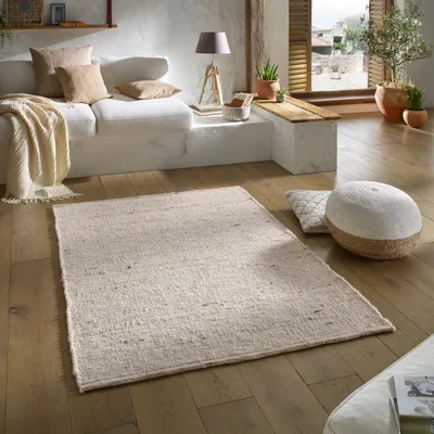 Produktbild von Wollteppich Natur Handweb Teppich I Reine Schur-Wolle im Skandinavischen Design I Wohnzimmer Schlafzimmer Esszimmer Kinderzimer Büro |  Natur