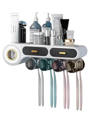 Image de Porte-brosses à dents avec distributeur de dentifrice et 4 gobelets, fixation murale sans perçage, et tiroirs de rangement