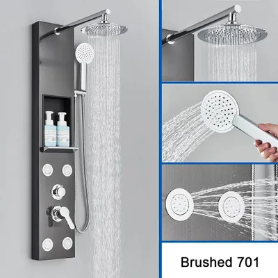 Produktbild von Duschpaneel - Duschsäule mit Regen- und Wasserfallbrause - LED-Display mit blauem Licht - Massagedüsen - Wandmontage - Einhebelmischer - Schwarz 7001