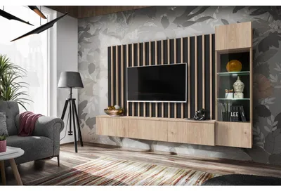 Image de Ensemble meuble TV "Verti" - Beige/Noir - L 220 x H 148 x P 35 cm