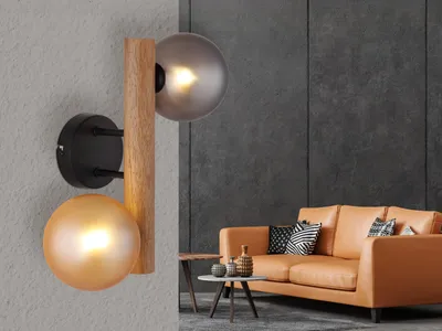 Produktbild von Ausgefallene Vintage LED Wandleuchte Holz mit 2 Glaskugeln Kugellampe, Höhe 32cm