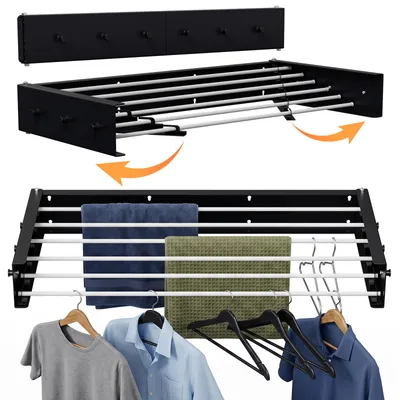 Image de Étagère à linge murale pliable Eikuavons, 100 cm, séchoir mural résistant aux intempéries pour balcon, terrasse et intérieur, revêtement anti-rouille, 6 barres, capacité de charge de 30 kg, couleur noire