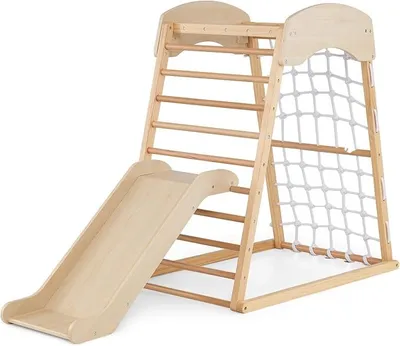 Produktbild von 4 in 1 Kletterdreieck mit Rutsche & Kletternetz & Kletterleiter & Pull Up Bar, Kinder Spielplatz Indoor für Kinder ab 3 Jahren (Natur)