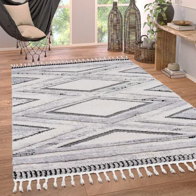Image de Tapis salon à poils courts moderne ethnique scandinave motif losanges effet 3D franges dimensions 120 x 170 cm