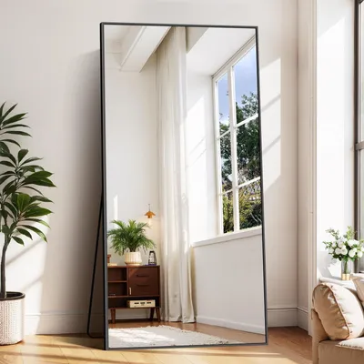 Image de Miroir de plein pied, 198 x 96 cm, cadre en aluminium noir. Peut être comme miroir sur pied, miroir mural ou miroir au sol