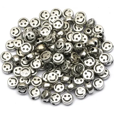Produktbild von Bastelperlen rund 100 Stück, 7 x 4 mm rund, silberfarbene Perlen mit Smiley