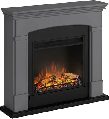 A studio shot of a gray electric fireplace with a black base and surround, featuring a simulated flame effect.