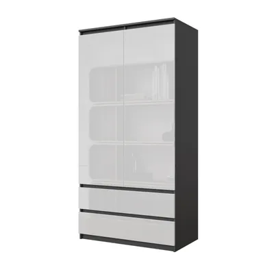 Produktbild von Kleiderschrank Anthrazit Grau / Weiß Hochglanz – 2-türiger Schlafzimmerschrank mit 2 Schubladen, Garderobenschrank B90 x H180 x T50 cm