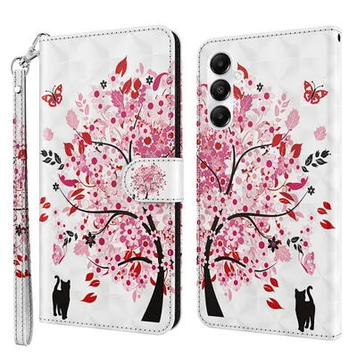 Produktbild von CLM-Tech Handyhülle kompatibel mit Samsung Galaxy A16 5G Hülle - Tasche aus Kunstleder - Klapphülle mit Ständer und Kartenfächern - Schutzhülle Wallet Case Cover Baum rosa weiß