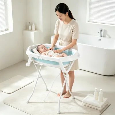 Produktbild von Babybadewanne mit Ständer,Faltbar Badewanne Baby für Baby 0-12 Jahre und Neue Mutter,Neugeborene Babybadewanne 66x61x82cm Blau