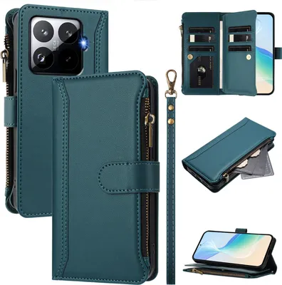 A collage of images showcasing a teal leather wallet-style phone case with a zipper and card slots, along with a detachable strap.