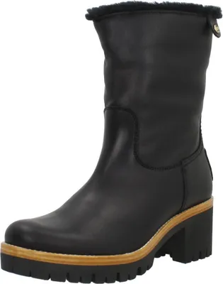 A studio shot of a black boot on a white background.