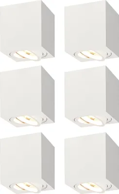 A set of six white, square, dimmable LED surface-mounted spotlights arranged in two columns of three.