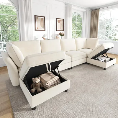 Produktbild von Merax Modulares Sofa, U-Form Ecksofa mit Hocker Stauraum, 6-Sitzer Cloud Soffa Chenille, frei kombinierbar, Armlehnenkissen, Wohnzimmer Sofa, Beige