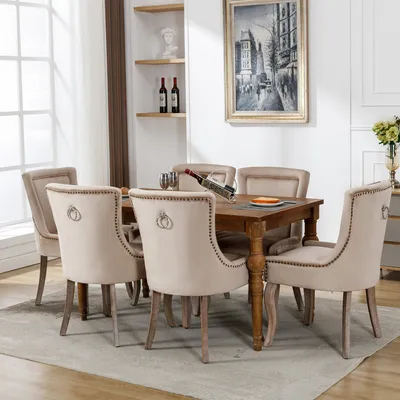 Zdjęcie produktu dla Eleganckie krzesło do jadalni (6 St) Beżowe welurowe, eleganckie tapicerowane krzesło z wykończeniem z gwoździami i nogami z litego drewna , Idealne do kuchni i salonu