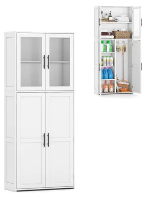 Produktbild von Badezimmerschrank, Hochschrank, Aufbewahrungsschrank, 4 Türen, verstellbare Einlegeböden, 2 Haken, Badezimmer, Wohnzimmer, 70x30x168,5 cm, Weiß