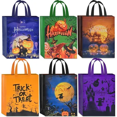 Productafbeelding van Halloween-goodiebags, 6 stuks met handgrepen, geschikt voor snoepjes en feestartikelen, afmetingen 38x30x10 cm, gemaakt van vliesdoek