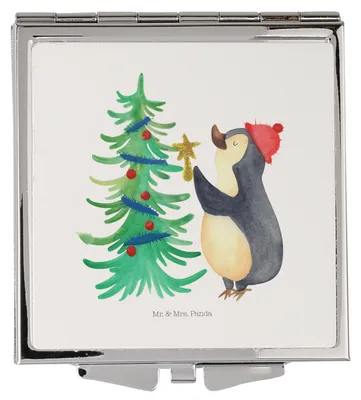 Produktbild von Mr. & Mrs. Panda Schminkspiegel Pinguin Weihnachtsbaum - Weiß - Geschenk, Weihnachten, Winter, Kleiner Spiegel, Handspiegel, Klappbarer, Mini, Kosmetikspiegel