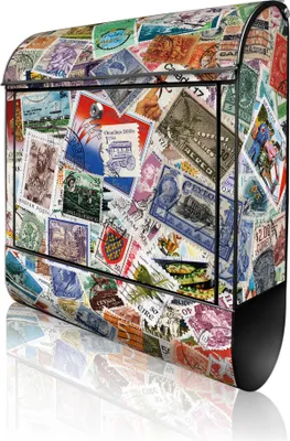 Produktbild von banjado Design Briefkasten Stahl schwarz mit Zeitungsfach pulverbeschichtet "Briefmarken" 38x46x12,5cm & 2 Schlüssel - Postkasten A4 Einwurf inkl. Montagematerial [BK 10123]