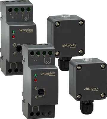 Imagen del producto de 2 interruptores crepusculares Octaplex para carril DIN, 230V, con sensor de luz externo, grado de protección IP65, color antracita