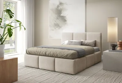 Image de Lit tapissier VALERIO avec coffre de rangement, dimension 160x200, lit double avec espace de rangement et sommier à lattes, aspect lit à ressorts, sans matelas, chambre à coucher - Beige