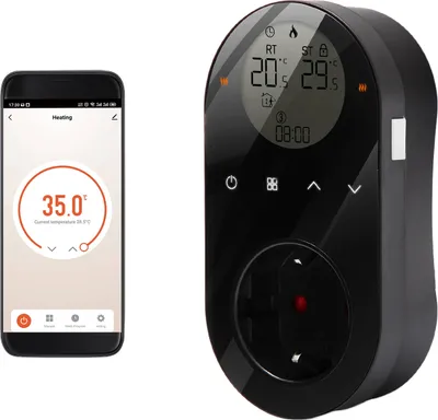 A smart plug thermostat and a smartphone displaying its interface are shown side-by-side against a white background.