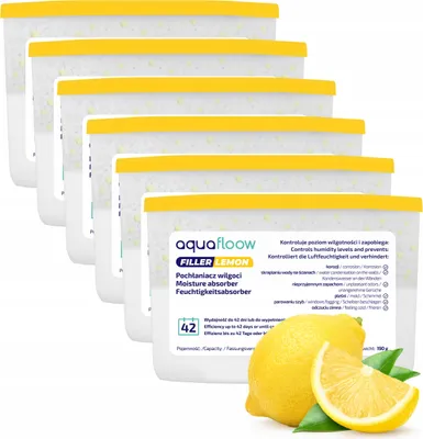 Zdjęcie produktu dla Aquafloow osuszacz pokojowy 400 ml, redukuje wilgotność 6 sztuk LEMON | neutralizator zapachów, pochłaniacz wilgoci do kuchni, szafki