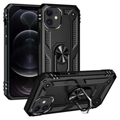Produktbild von Conie Outdoor Schutzhülle für iPhone 12 / 12 Pro Tasche Silikon Hard Case Cover Hülle mit Halter Ständer in Schwarz