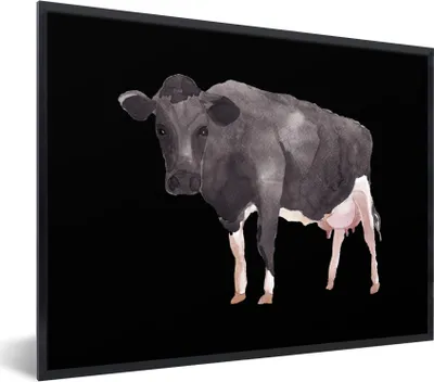 Produktbild von MuchoWow® MuchoWow® Gerahmtes Poster Kuh - Tier - Schwarz 80x60 cm - Poster mit zchwarzem Bilderrahmen - Schwarzem - Mit Gestell